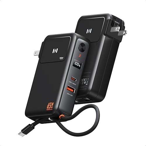 Cargador de teléfono portátil de 10000 mAh, banco de energía para iPhone con cable integrado, PD35W USB C batería con enchufe de pared GaN de 65 W,