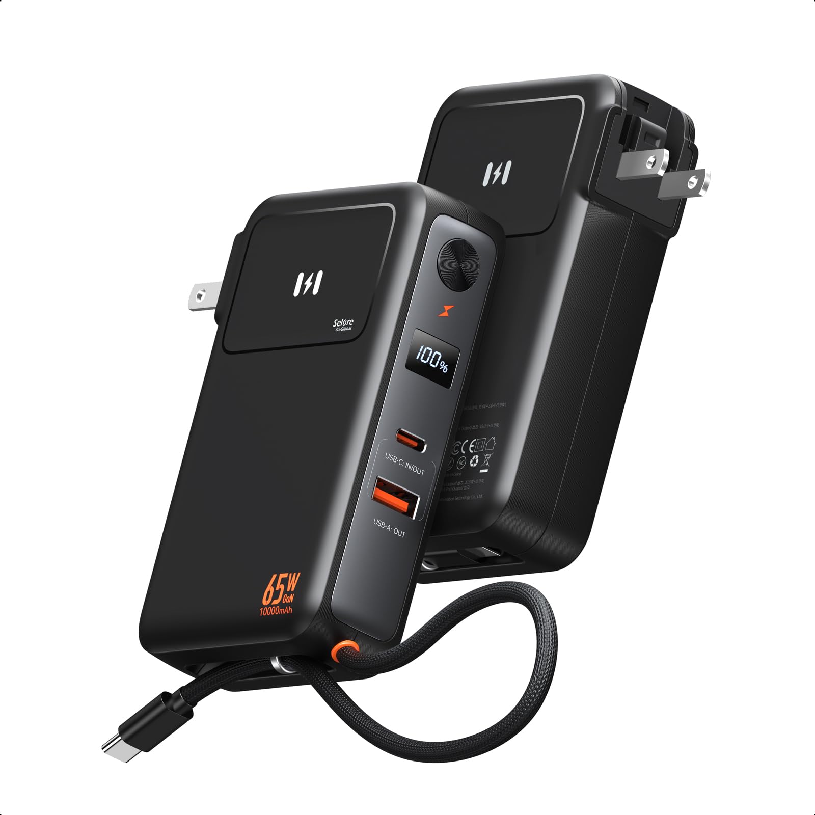 Selore&S-Global 3-in-1 Portable Phone Charger with Wall Plug, 10000mAh USB-C Power Bank with Built in Cable, 35W Portable Battery Pack for iPhone