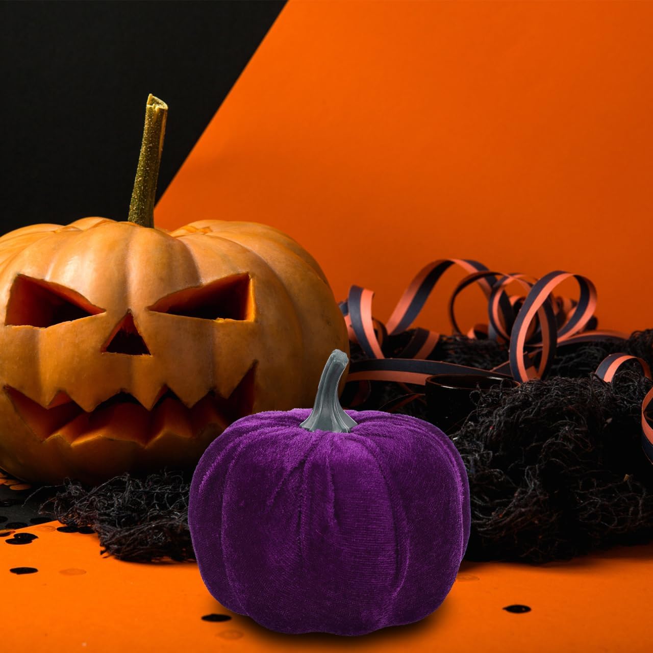 Cabilock Faux Velvet Pumpkins Decorative Props for Thanksgiving Halloween Fall Harvest Home Decor 5 Sizes Realistic Simulated Pumpkin Set