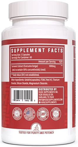 Miniatura 2 de Huge Supplements Cúrcuma, 1000 mg de extracto puro de raíz de cúrcuma por porción, 95% curcuminoides, suplemento antioxidante, sin OMG, sin gluten,