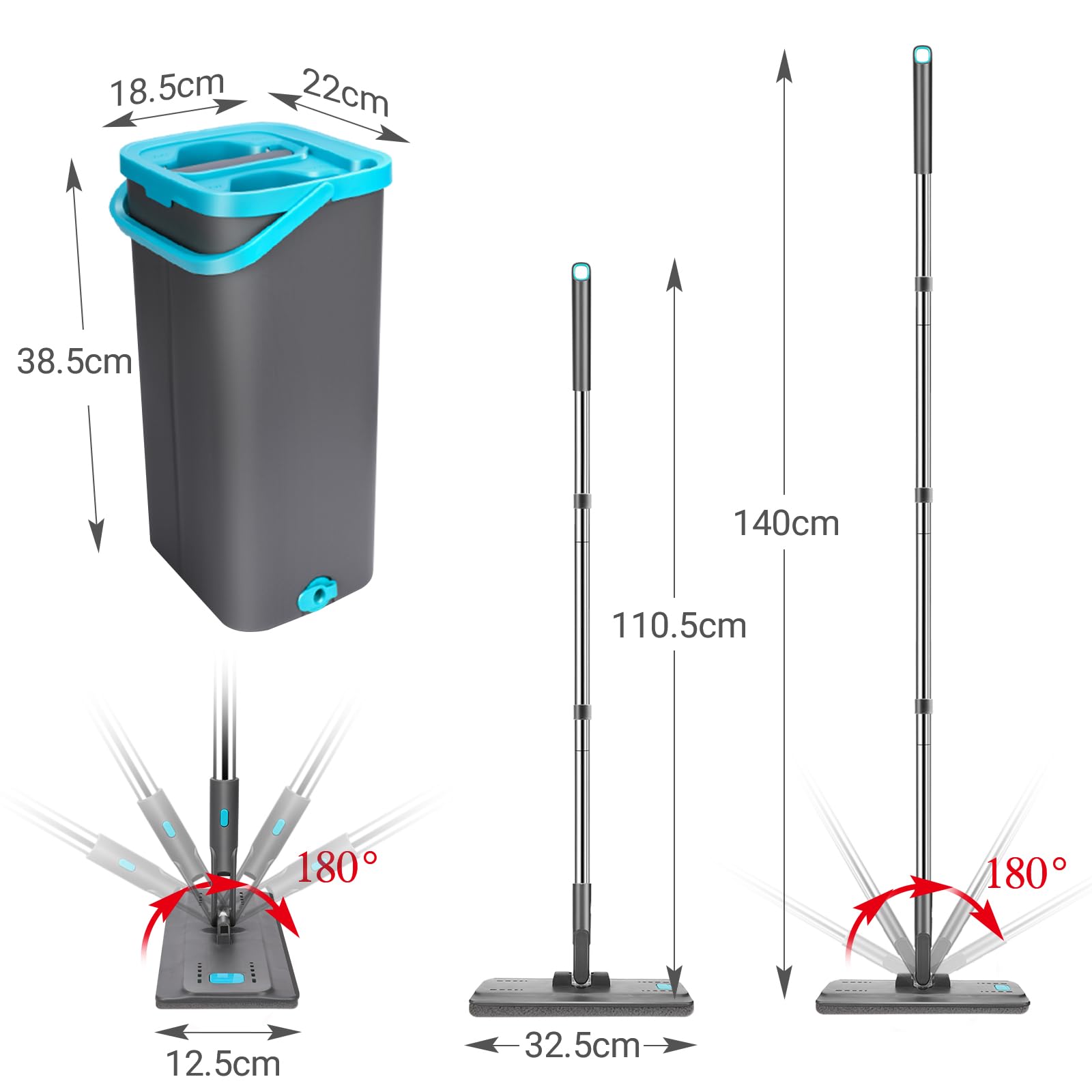 MASTERTOP Mocio Piatto e Secchio Strizzatore, Mocio Rotante a 360° e Secchio Autolavaggio, Mop Lavapavimenti a Mani Libere in Microfibra, con 6 Tamponi Riutilizzabili (Grigio scuro)