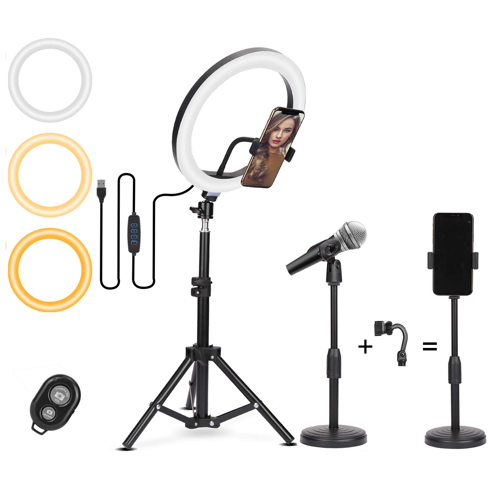 Gurmoir 10" LED Ring Light with Stand & Phone Holder (with Microphone Clip), Dimmable Desk Selfie Ring Light with Tripod Stand for Phone/Laptop and Computer