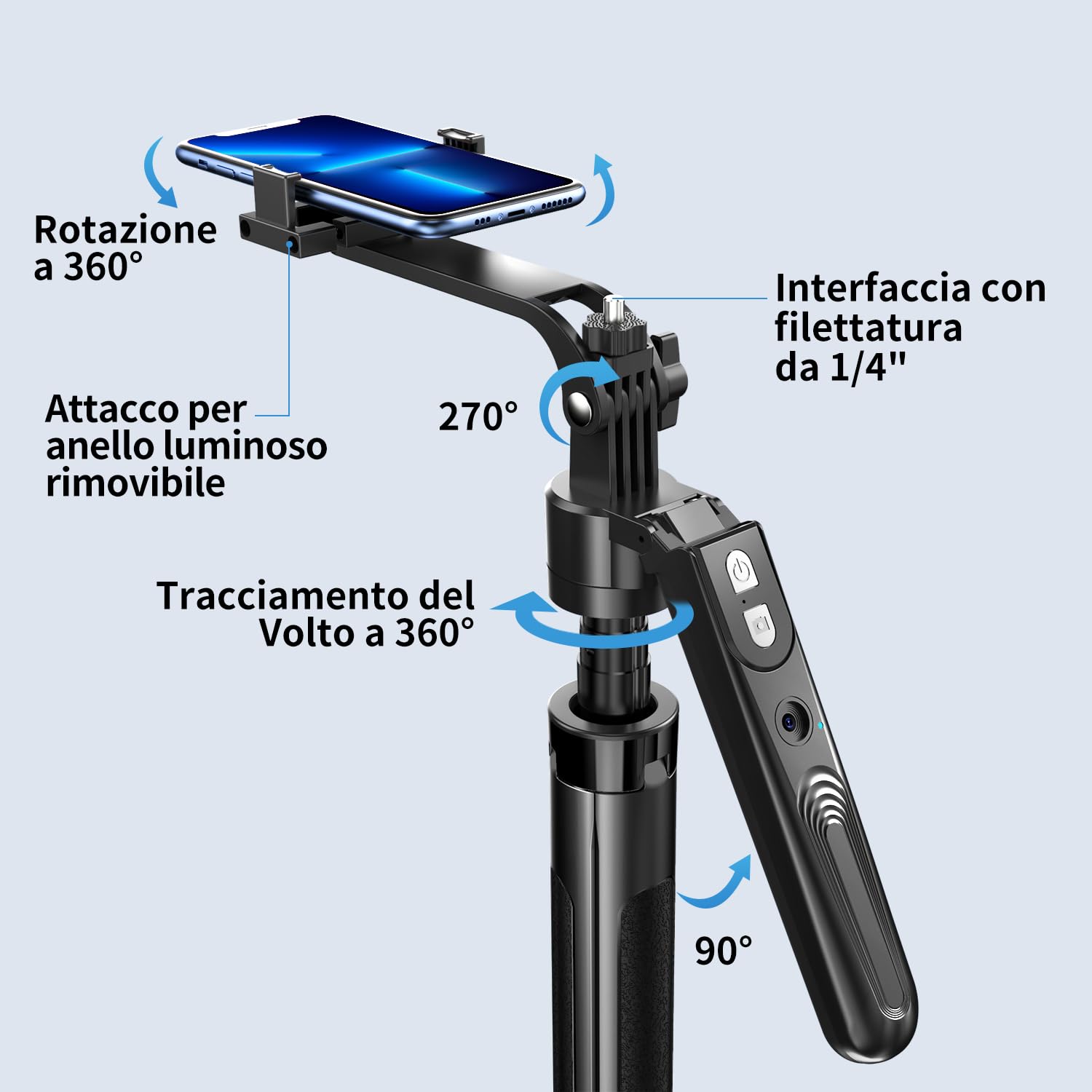 yAyusi Automatico Volto Rilevamento Treppiede con Luce, Senza App, 360° Rotazione 180cm Treppiede per Telefono con Sensore di Movimento, Supporto per Telefono con Doppie Luci per Vlog/Video/Stream