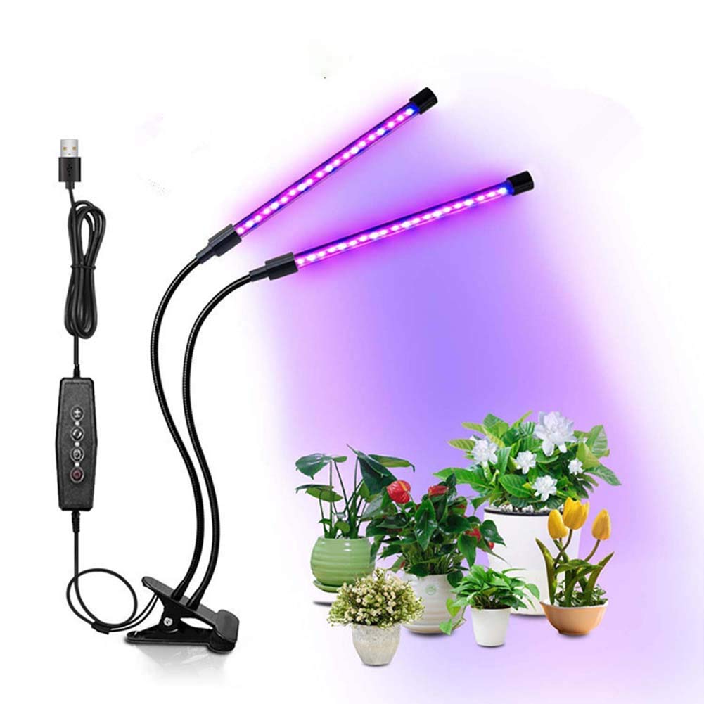 Luces de cultivo LED, lámparas de cultivo de plantas de doble cabeza de 18 vatios para plantas de interior, bombillas de espectro completo, cuello de cisne ajustable con clip de escritorio