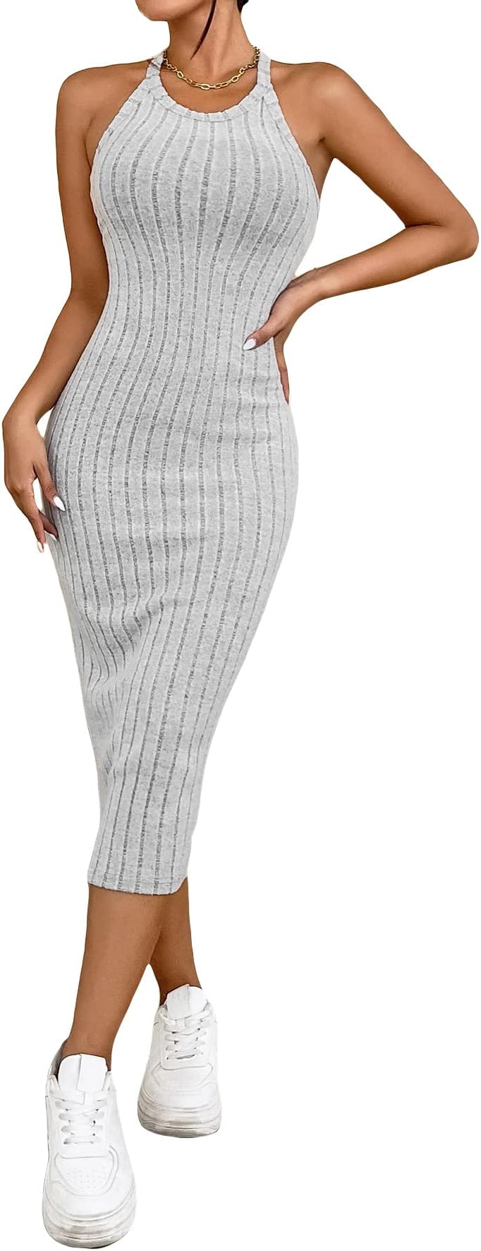 SHEINWomen's Sleeveless Halter Neck Ribbed Long Bodycon Dress