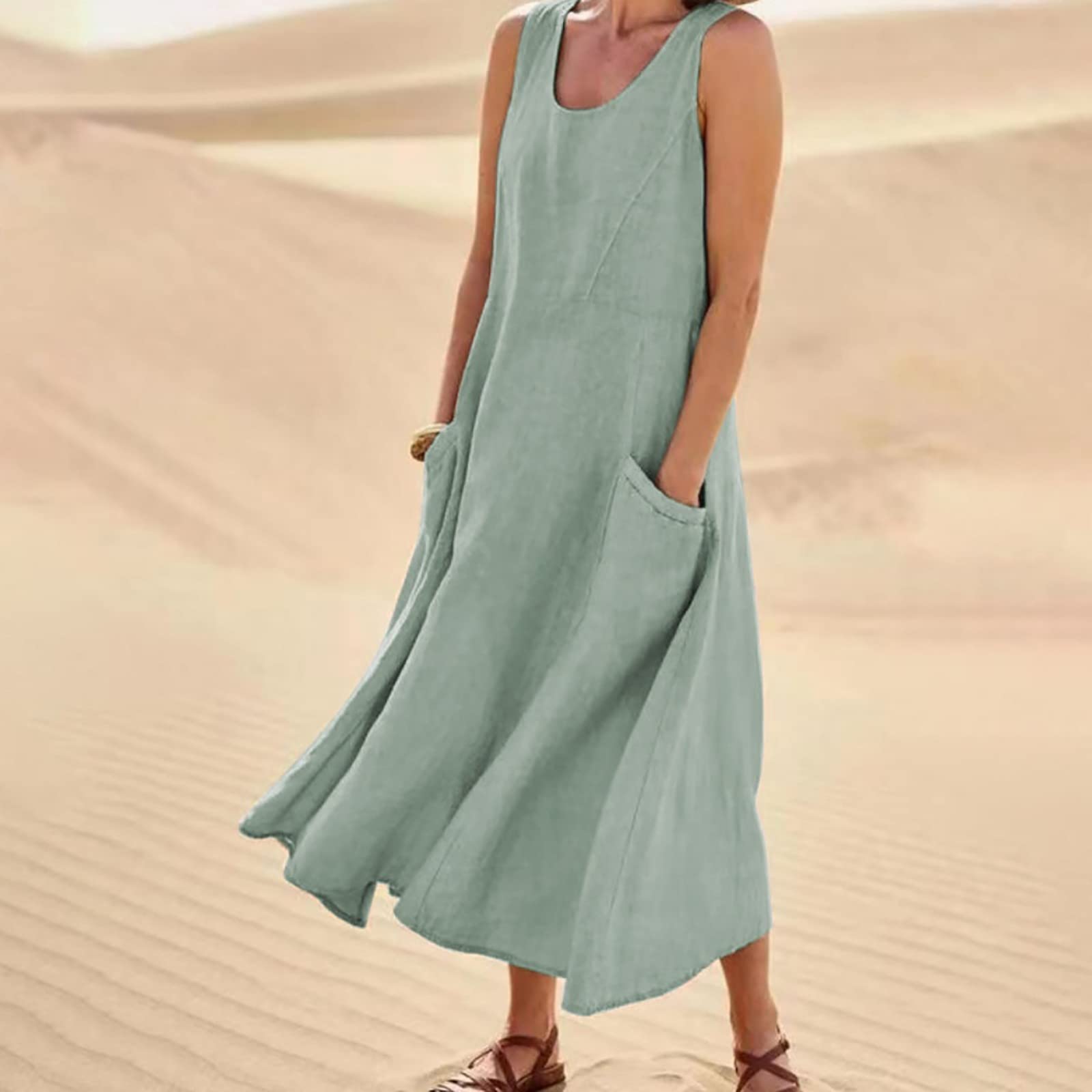 Robe Debardeur Femme Coton Lino Été Fluide Sans Manche Chic et Elegant Robes Col Rond Décontractée Grande Taille Robes avec Poches Couleur Unie Ample Boheme Plage Maxi Dress D'été Léger Robe Chemise