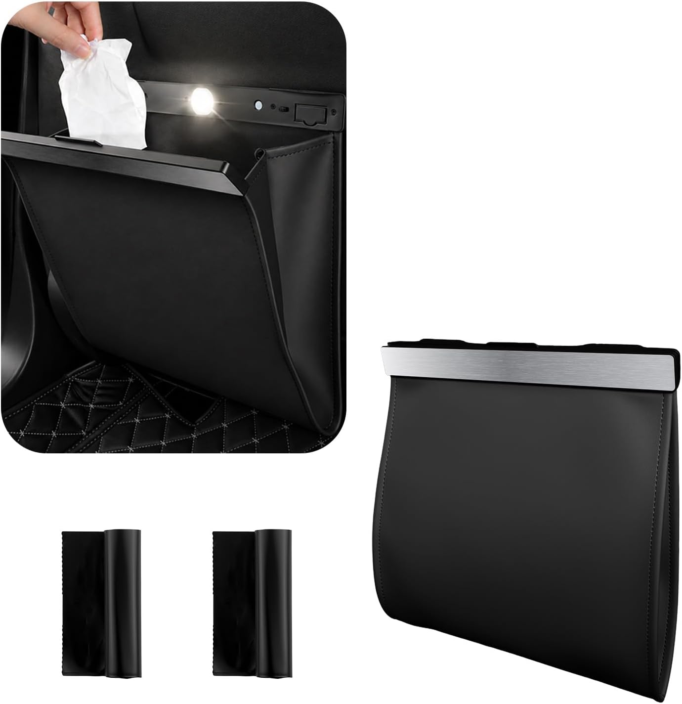 2026 New Car Trash Can with LED Light & Strong Magnet Closure,Leather Car Trash Bin with 12 Bags,Large Capacity Cars Garbage Can as Cars Organizer for Back Seat/Door