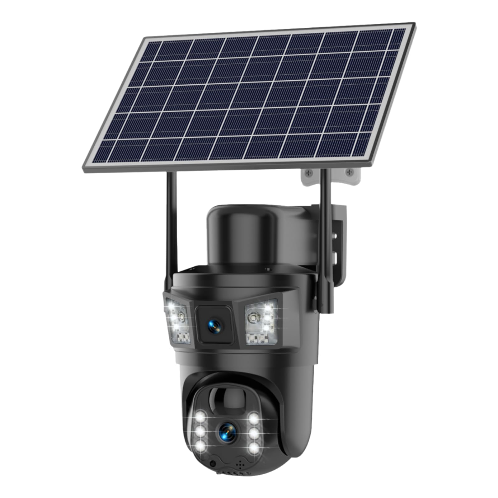SANSCO TW-38 Dual Lens PTZ Solar Camera mounted on a wall with its solar panel