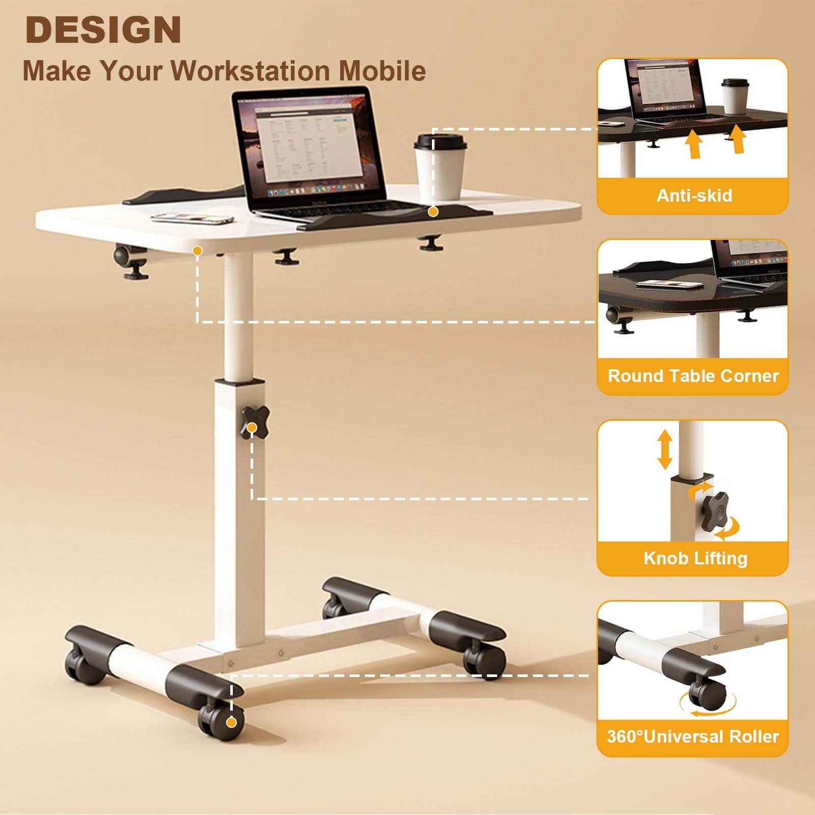 GarveeLife Tavolo per computer portatile regolabile in altezza, con ruote, pieghevole, per letto e divano, piano inclinabile, scrivania portatile per ufficio e casa, bianco
