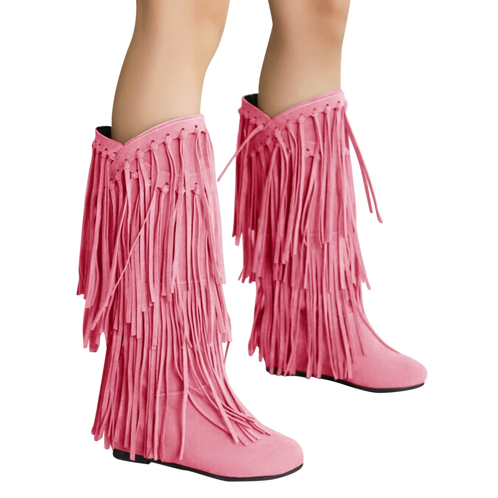 Bottines à talons bas classiques à franges pour femme | Bottes mi-hautes élégantes d'hiver avec franges | Bottes d'hiver confortables et antidérapantes pour femme