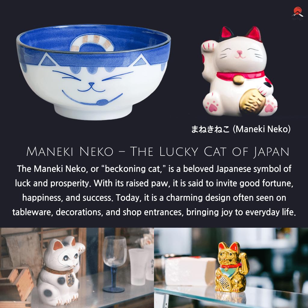JapanBargain, Bol japonais en porcelaine - Bol à soupe - Bol à ramen fabriqué au Japon - Motif chat souriant Maneki Neko - 12,7 cm (4, bleu)