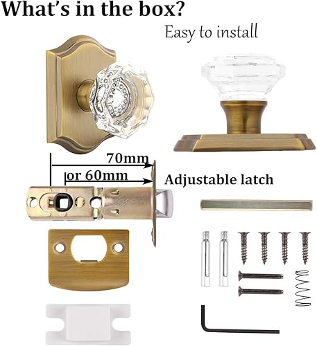 Miniatura 6 de Gobrico Paquete de 5 pomos de puerta de cristal de paso en latón antiguo para pasillo, armario, lavandería, forma octágono transparente, sin llave,