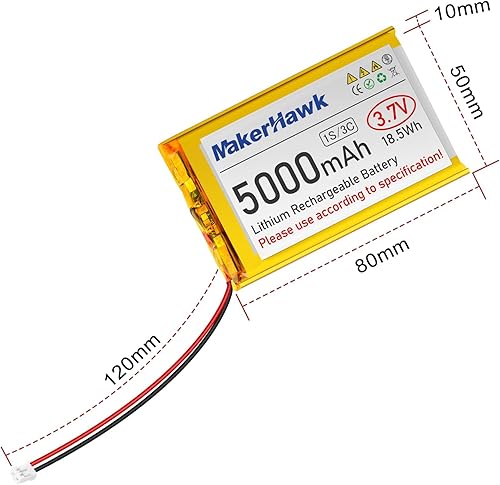 Miniatura 7 de MakerHawk Batería LiPo de 3.7 V 5000 mAh recargable 1S 3C baterías de polímero de litio con placa de protección cinta de goma aislada, enchufe PH2.0