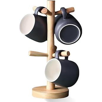 Nizirioo Cup Holder Wooden Tree Cup Holder with 6 Removable Hooks Cup Tree Kitchen Coffee Cup Holder Pretzel Stand Coffee Cup