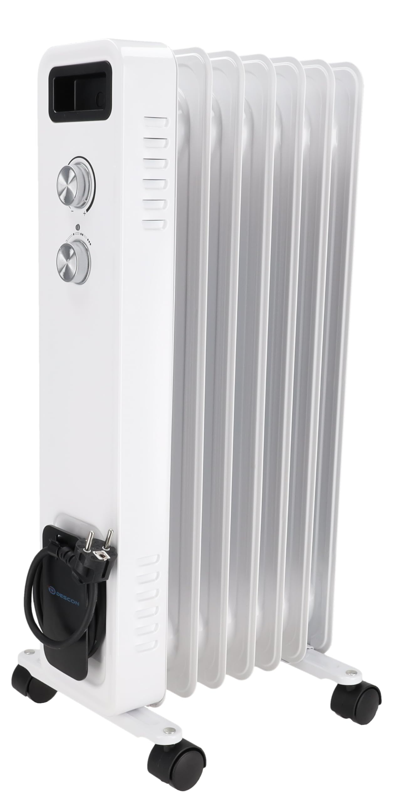 Radiador de aceite DESCON DA-J1501, 1500 W, 7 costillas, control de temperatura, termostato, tres niveles de calor, ruedas de transporte, compartimento para guardar cables, protección antivuelco