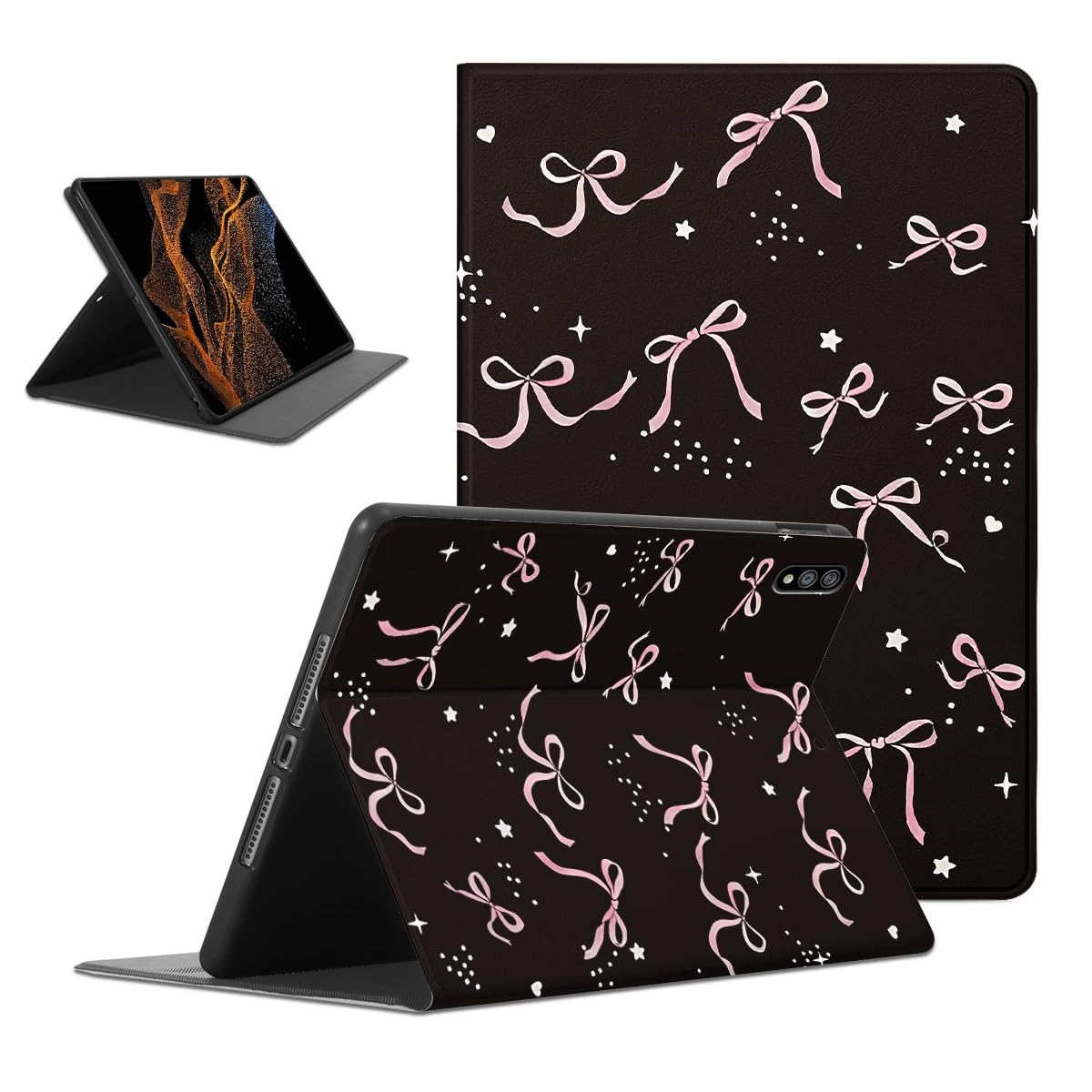 Cute Bow Ribbon Tablet Case for Samsung Galaxy Tab A9 8.7" SM-X110/X115,Girly Kawaii Pink Bow Aesthetic Cases PU Leather Adjustable Stand Protective