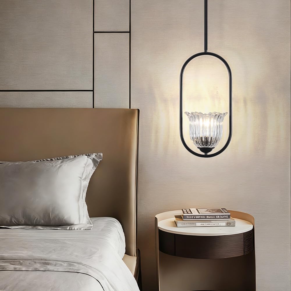 Modern Pendant Lights 1-Light, Black Pendant Light with Flower Shape Glass, Mid Century Pendant Light Fixtures for Kitchen Island Dining Room Bedroom