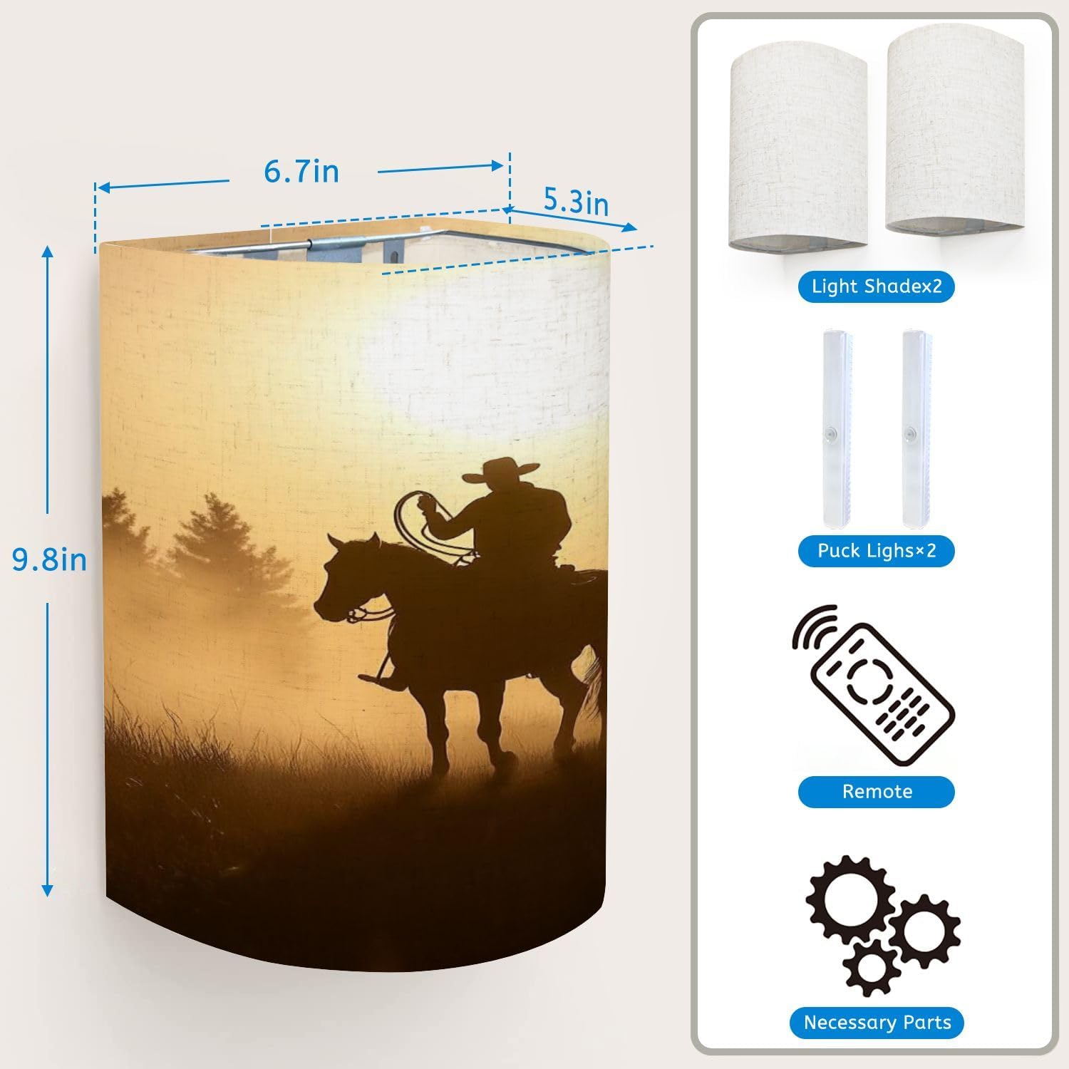 Wall Sconces Set of Two Battery Operated Cowboy Roping his Horse Silhouette Cowboys Pictures Plug in Wall Lights Fixtures Remote Dimmable for Bedroom Living Room Hallway