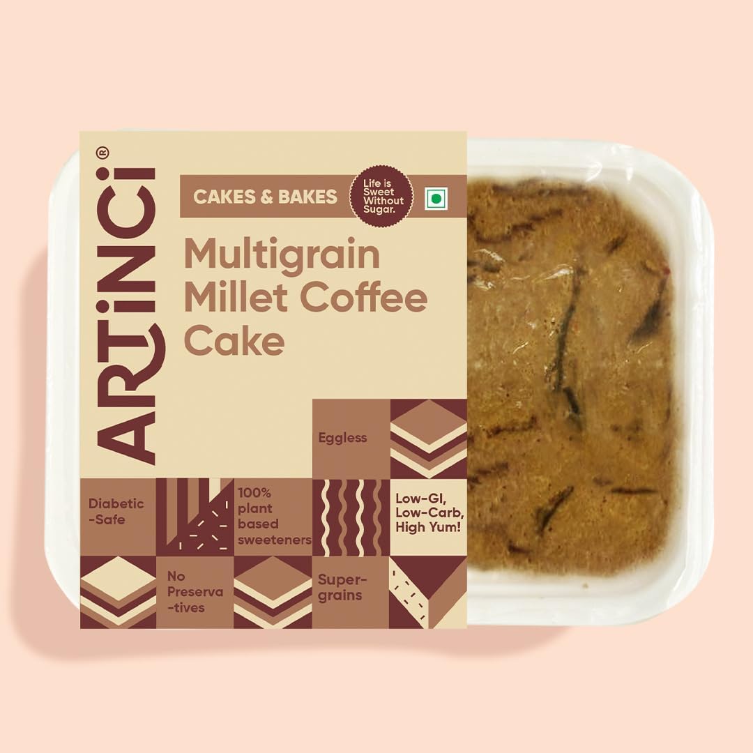 Artinci Eggless Coffee Cake (150g X Pack of 3), Sugar Free & Diabetic Friendly, Rich Filter Coffee Taste, High Fibre & Low Carb, No Maida, Low GI, Healthy Baked Snacks, As seen on Shark Tank
