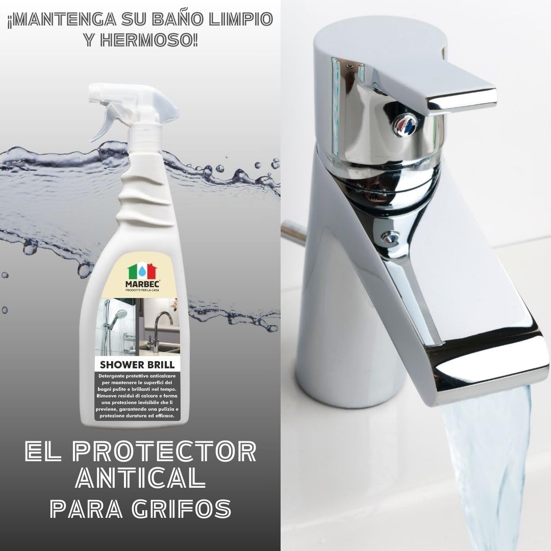 MARBEC SHOWER BRILL 5LTX4UDS Limpiador antical para baño, protector anti-gotas, para cerámicas y vidrios, reduce cal y residuos, fácil mantenimiento diario.