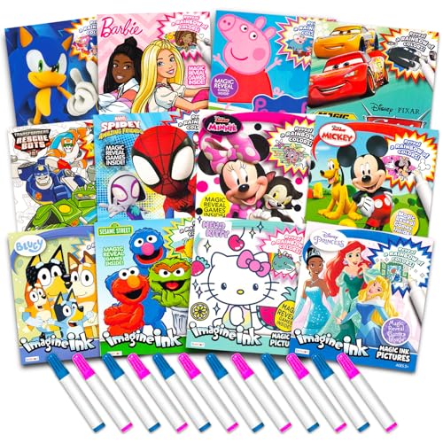 12 Mess Free Imagine Ink Coloring Book Set for Kids - Bulk Bundle with 12 No Mess Coloring Books (Sonic Bluey Mickey Minnie Spidey Peppa Pig)