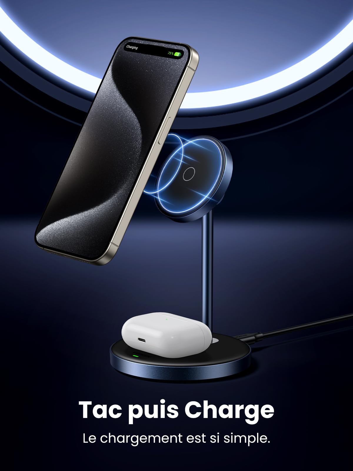UGREEN Zapix Chargeur Induction iPhone 2 en 1 Qi Compatible avec MagSafe iPhone 17 16 15 14 13 12 Air Plus Pro Max AirPods 4 3 Pro 3 2 1 Station de Charge sans Fil Magnétique Rapide Mode Standby