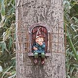 Giggling gnome Sitting on a Window Sill, Elf Out The Door Tree Hugger, Garden Gnome Statue Naughty...