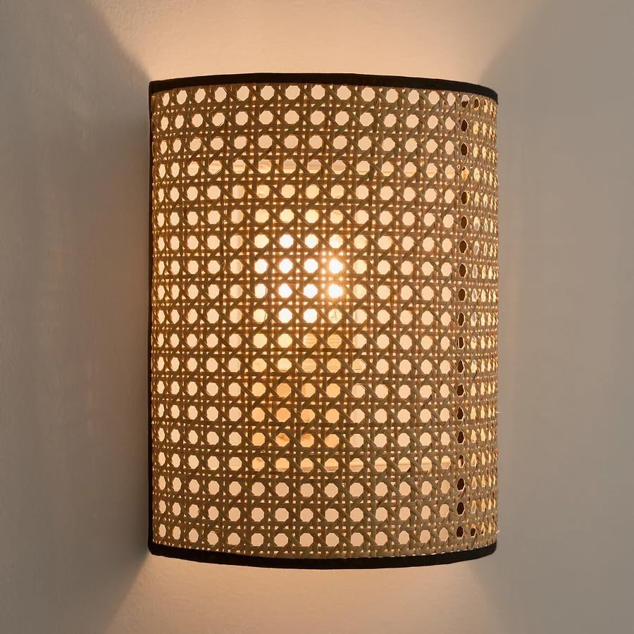 AKWAY Bamboo Wall Lamps for Living rooms | Rattan and Cane Webbing wall lamps for Bedroom | Wicker Wall lamps for home Decoration (Bulb not Included) (Beige)