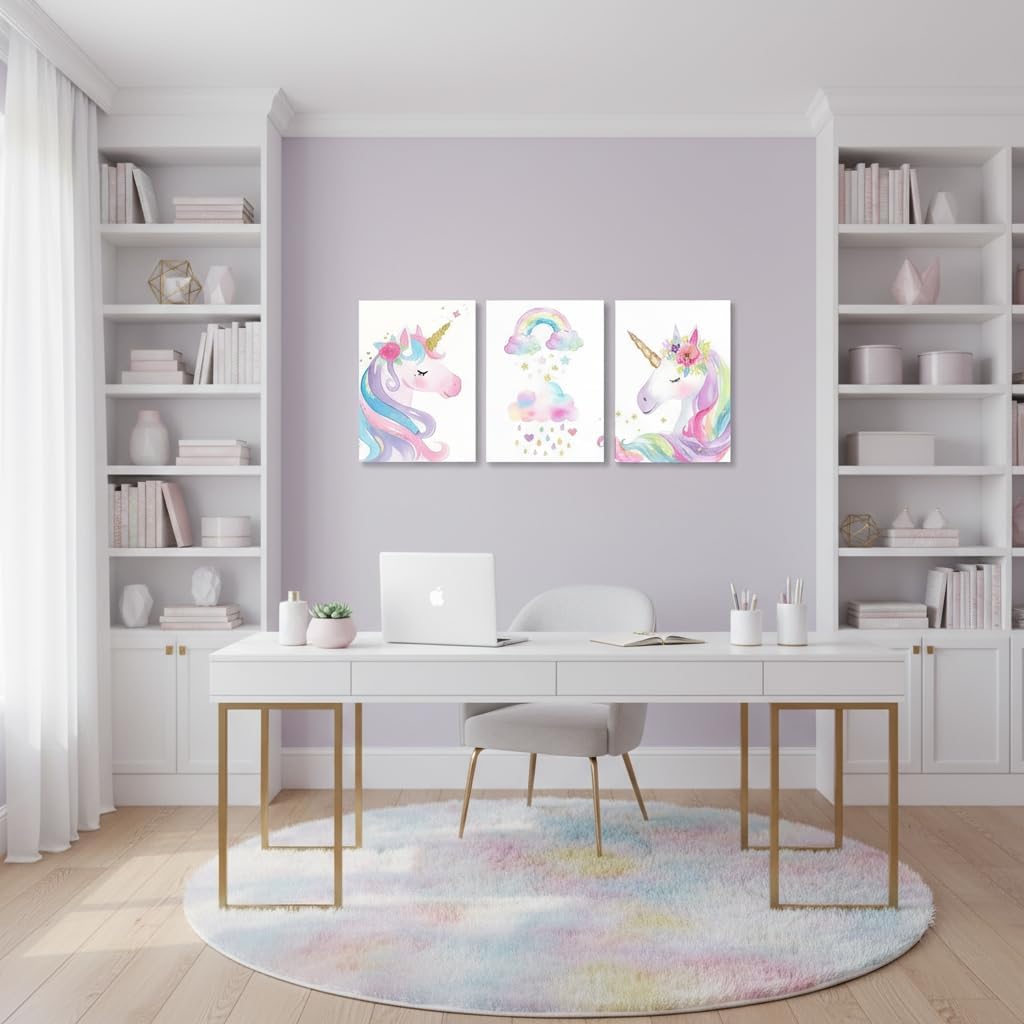 Erosebridal Cute Unicorn Decor For Girls Room Kawaii Dreamy Print Paintings For Toddler Nursery Lovely Gifts,Colorful Rainbow Flowers Canvas Wall Art Of 3 Panels Watercolor Clouds Wall Pictures