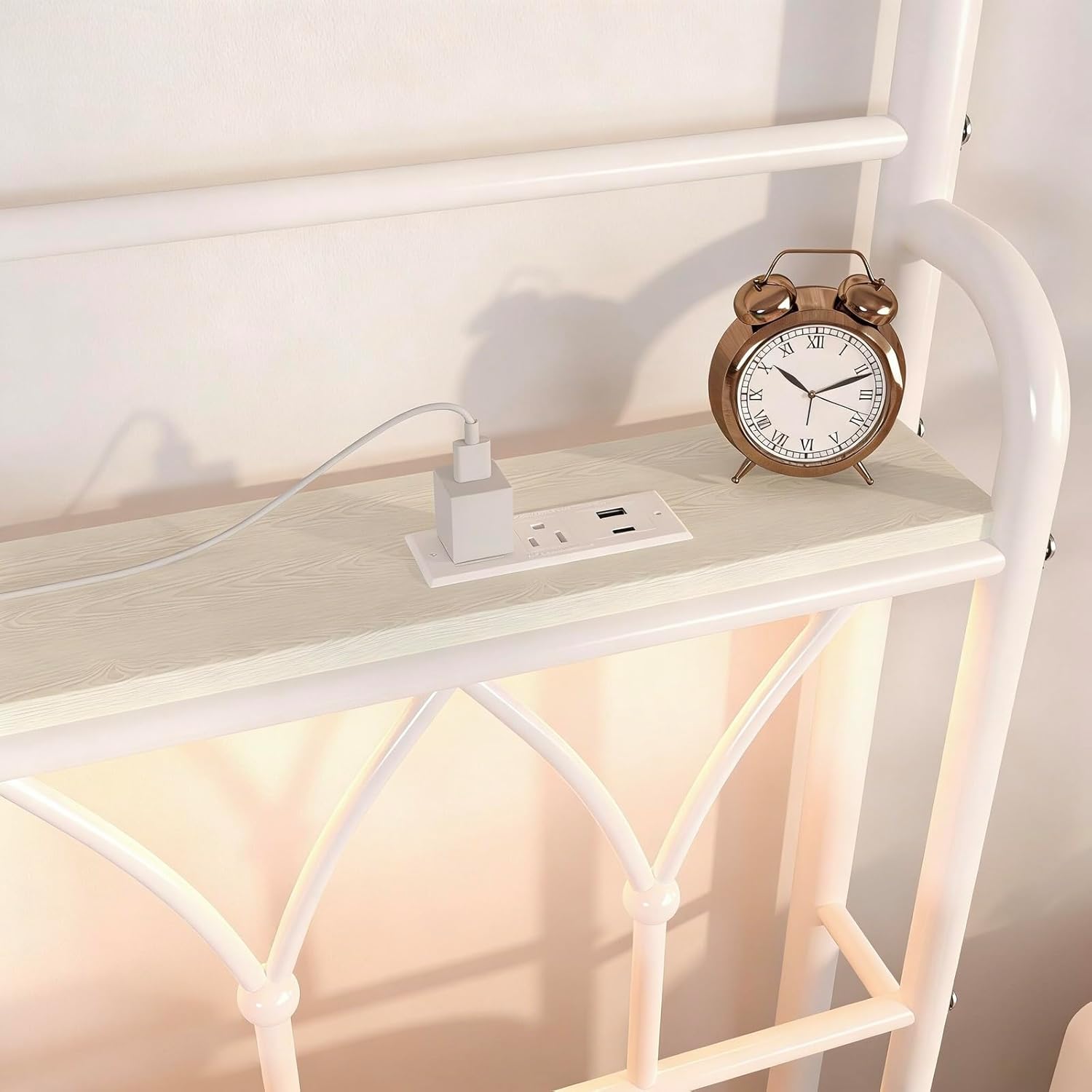 Twin Size Bed Frame with Storage Headboard and LED Light, Classic Metal Platform Bed Frame with Charging Station, Under Bed Storage, No Box Spring Needed, Noise Free, White - Image 6