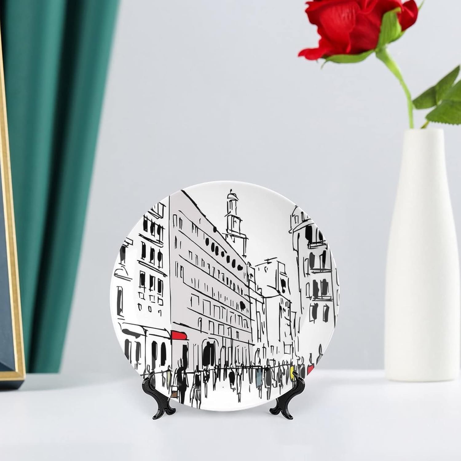 XISUNYA 7 Inch Decorative Plate, Urban Ceramic Stoneware, Pedestrians on Busy Street with Buildings Modern Cityscape Print Ceramic Wall Hanging Decor Accessory for Dining Table Tabletop Home Decor