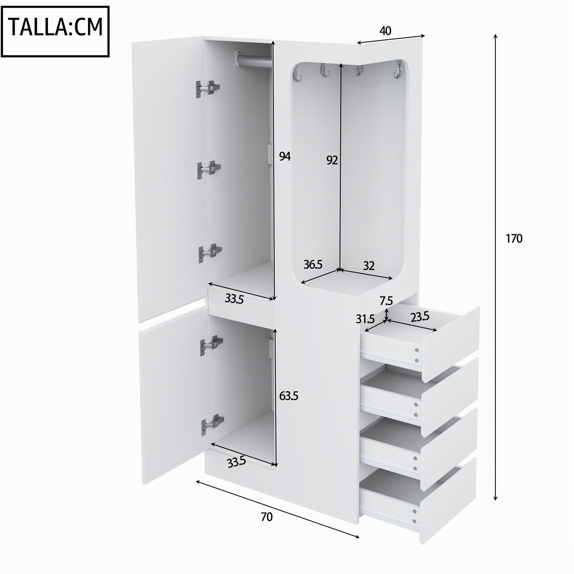 70 x 40 x 170 cm - Armoire de rangement avec tiroirs et espace ouvert - Porte simple élégante pour chambre à coucher, salon, bureau - Solution peu encombrante