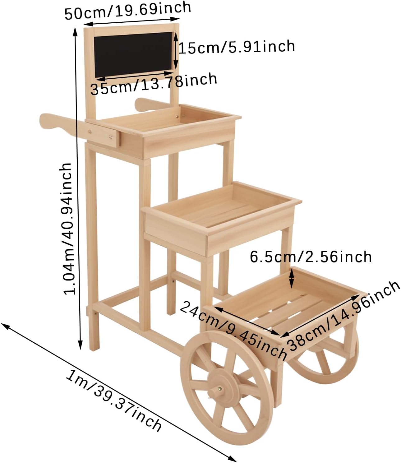 3-Tiered Candy Cart Display Stand, Flower Cart Stand with Wheels ＆ Blackboard, Country Market Wooden Rolling Table Carts for Display Flower Candy Party Favors and Crafted Items (Wood Color) - Image 2