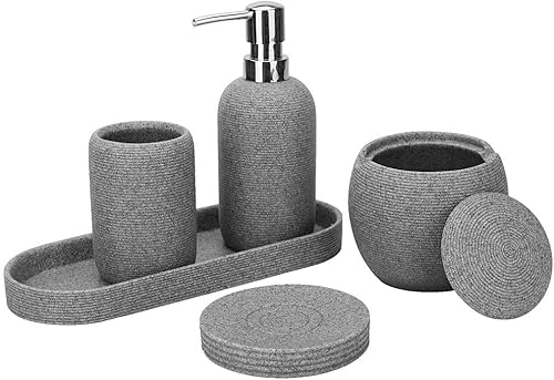 Miniatura 7 de Juego de accesorios de baño de resina, 5 piezas de accesorios de baño de color gris mate pesado y resistente con dispensador de jabón, jabonera,