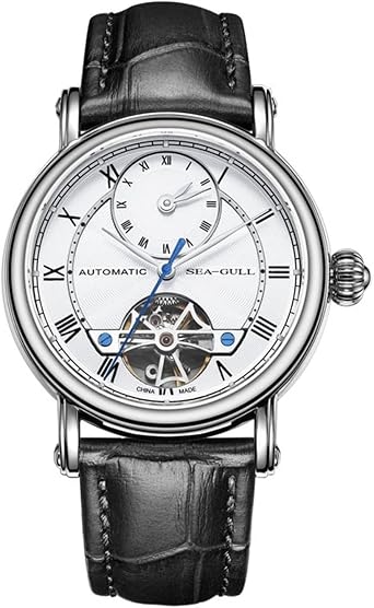 SEA-GULL SEAGULL Mens Watch GMT Watch Skeleton Flywheel Watch Mens Automatic Watch Master Series 519.11.6041, Black///White, Strap