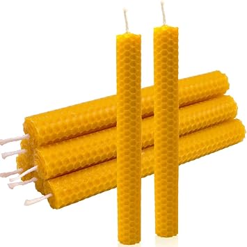 DEYBBY Handmade Beeswax Taper Candles, Dripless Wax Candles, Hand-Rolled Honeycomb Candles for Dinner Party, Set of 6 Flat Top Brown Raw