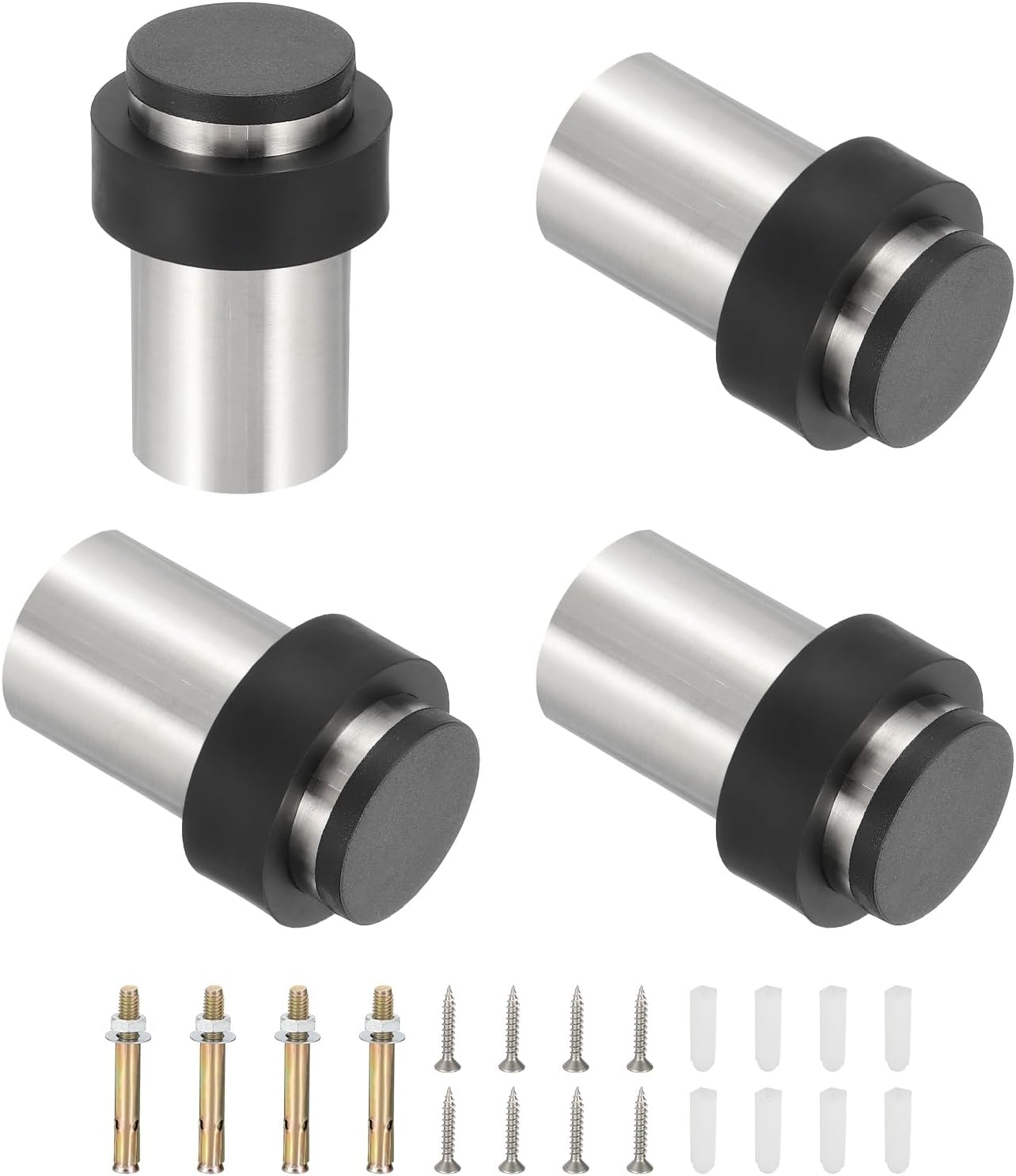 uxcell 4 Set Cylindrical Door Stopper, 2" Height Rubber Bumper Door Stop, Stainless Steel Wall Floor Mount Decorative Wall Protector with Screw for Bottom of Doors, Living Rooms, Silver