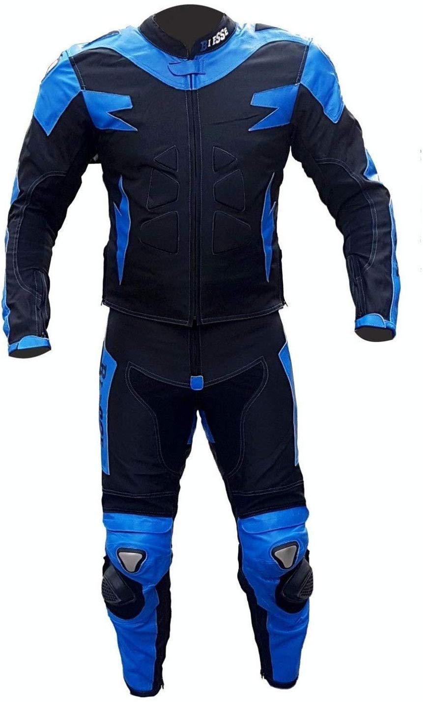 Bi Esse Kombinezon motocyklowy dla dorosłych, skóra i tkanina, 2-częściowy, kurtka i spodnie, regulowany, z ochraniaczami CE, niebiesko-czarny, rozmiar XXL