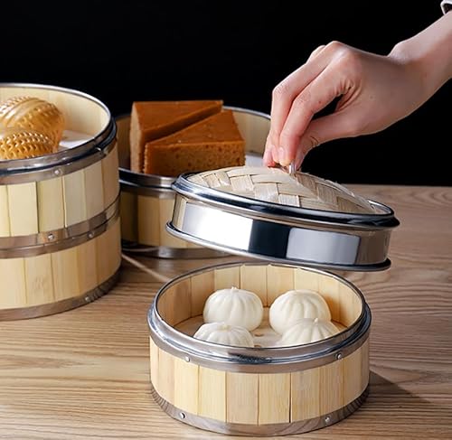 Luminexia Bamboo Steamer Basket With Stainless Steel Banding,2-Tiers With Lid Asian Traditional Dumpling Steaming Rack Cookware,Best For Dim Sum,Vegetables,Meat And Fish.Hand Made,9 Sizes - Image 4