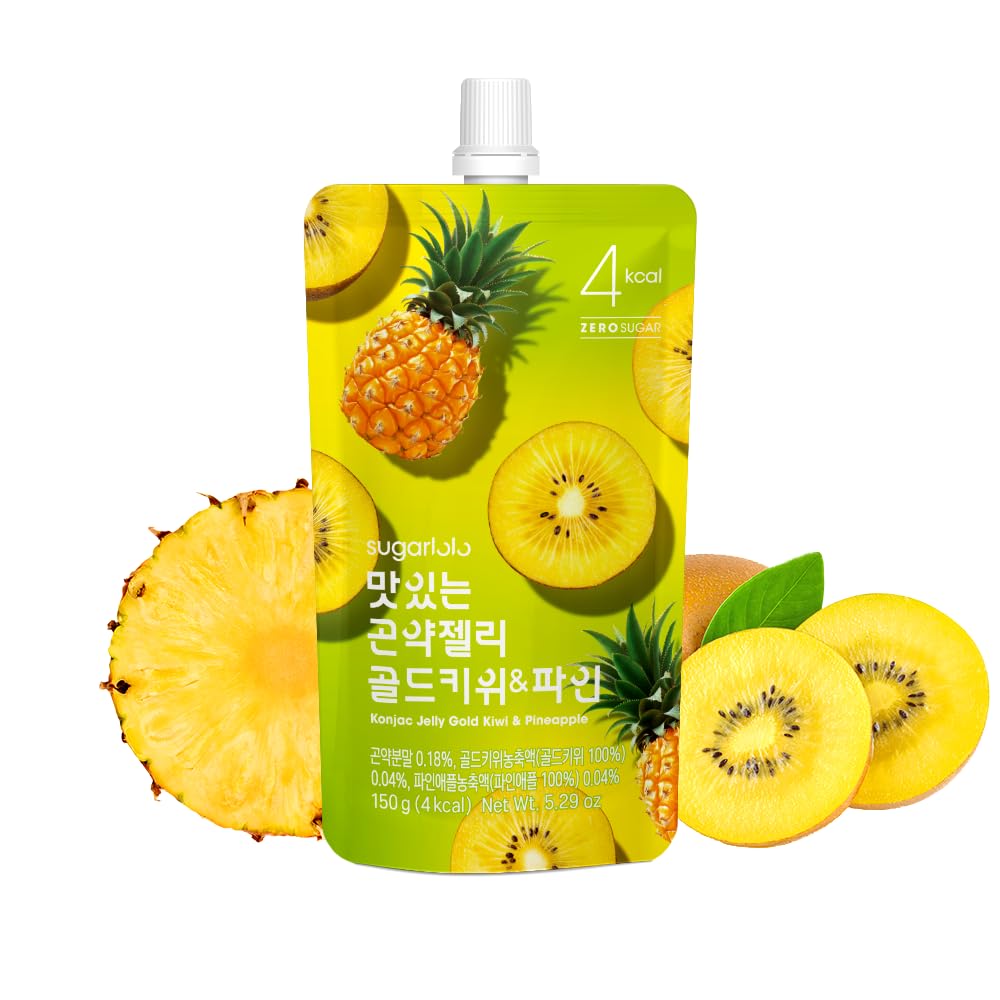 Sugarlolo Konjac Sweet Gold kiwi & Pineapple Jelly 10 Pack - Vegan Healthy Drinkable Jello, Sugar Free | 4 Calories per Pouch | Low Calorie Korean Fruit Snacks 5.29 Oz (150g)
