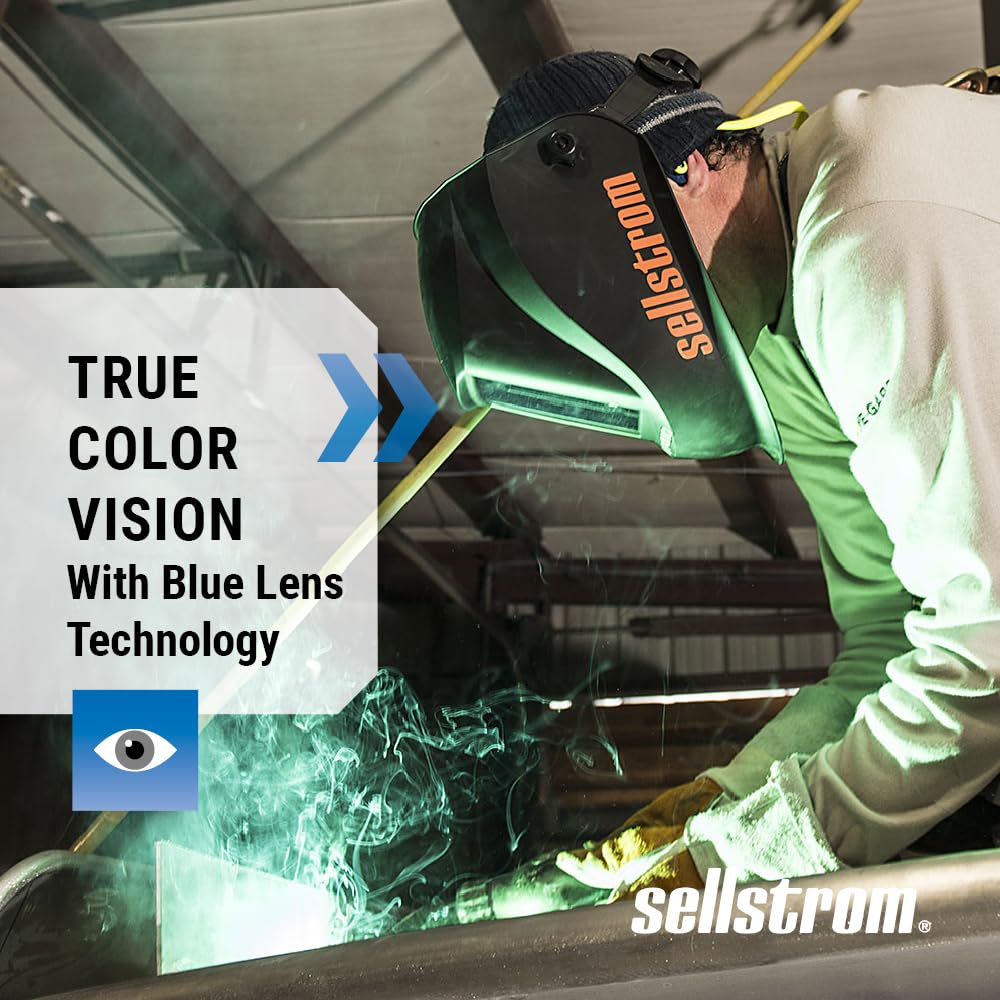 Sellstrom Lightweight,Ergonomic Design,Nylon,Extra Large Blue Lens Technology,All-Day Comfort,Excellent Optical Clarity,Premium Welding Helmet with ADF Technology,Black/Orange,7'Wx 13'H x 5'L,S26400