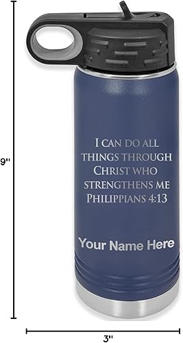 Miniatura 8 de LaserGram Botella de agua de doble pared abatible de 20 onzas con pajilla, versículo bíblico filipenses 4-13, grabado personalizado incluido (azul