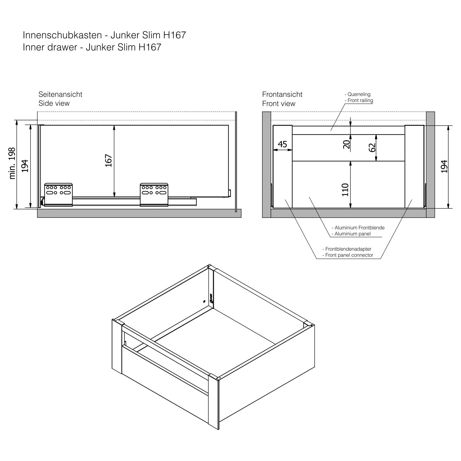 Schubkastensystem JUNKER-SLIM weiß Höhe: 167 mm Tiefe: 500 mm Soft-Close