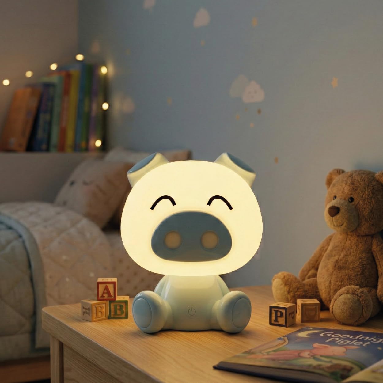 Luxus Europe - Veilleuse enfant Piggy Rose - Veilleuse LED sans fil pour enfants – Rechargeable par USB-C – 7 couleurs RGB – Lampe de table pour chambre d’enfant