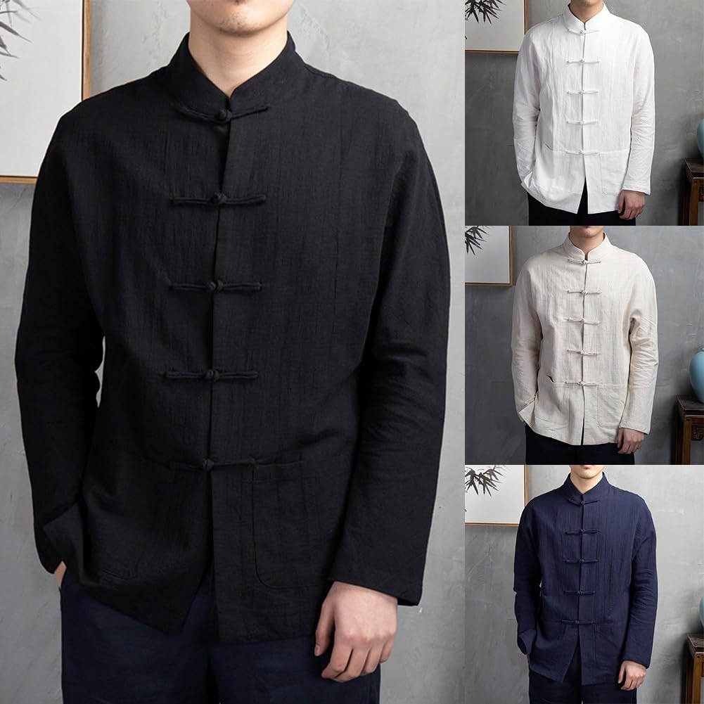Veste chinoise de Kung Fu Tai Chi pour hommes, costume traditionnel en coton et polyester, manches longues, fermeture à boutons, col montant