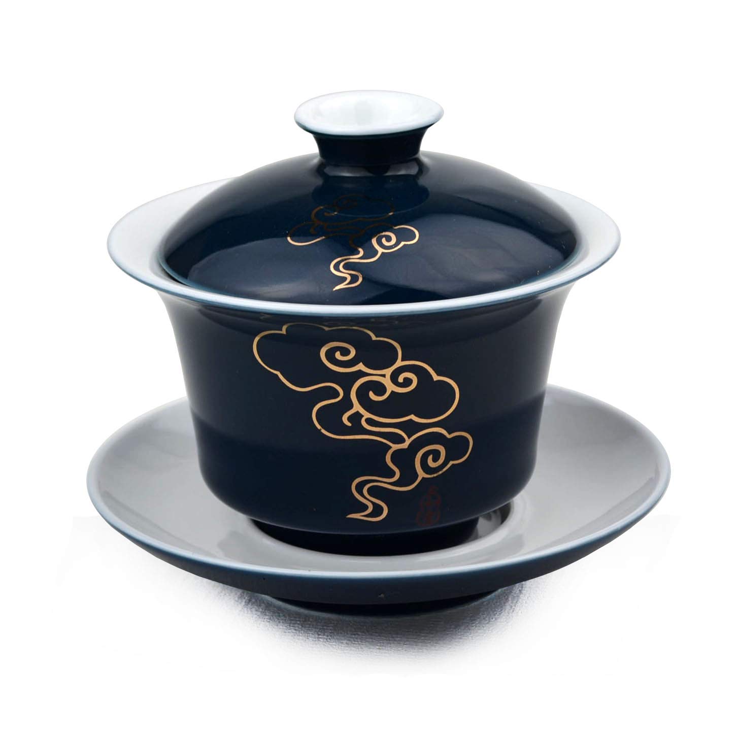 Porcelain Gaiwan 5oz/150ml Teacup White Glazed Classical Chinese Auspicious Clouds Tea Cup Tureen Sancai Cover Bowl Lid Cup Saucer Set (Blue)