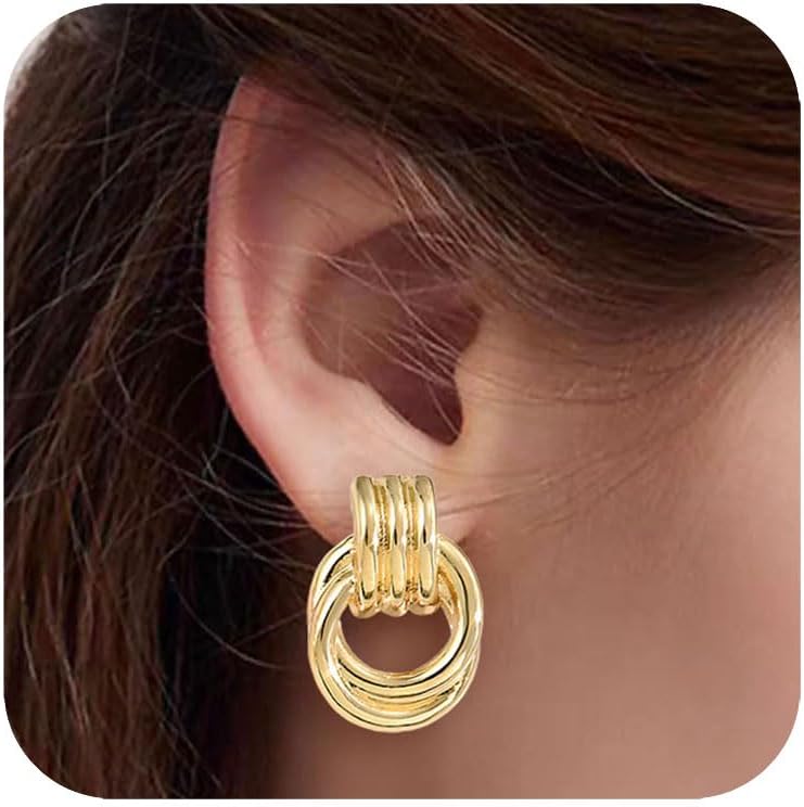 REELMAR Chunky Gold Geometric Clip On Earrings for Women Trendy Thick Hammered Rectangle Dupes Earrings Minimalist Statement Earrings No Piercing Clips