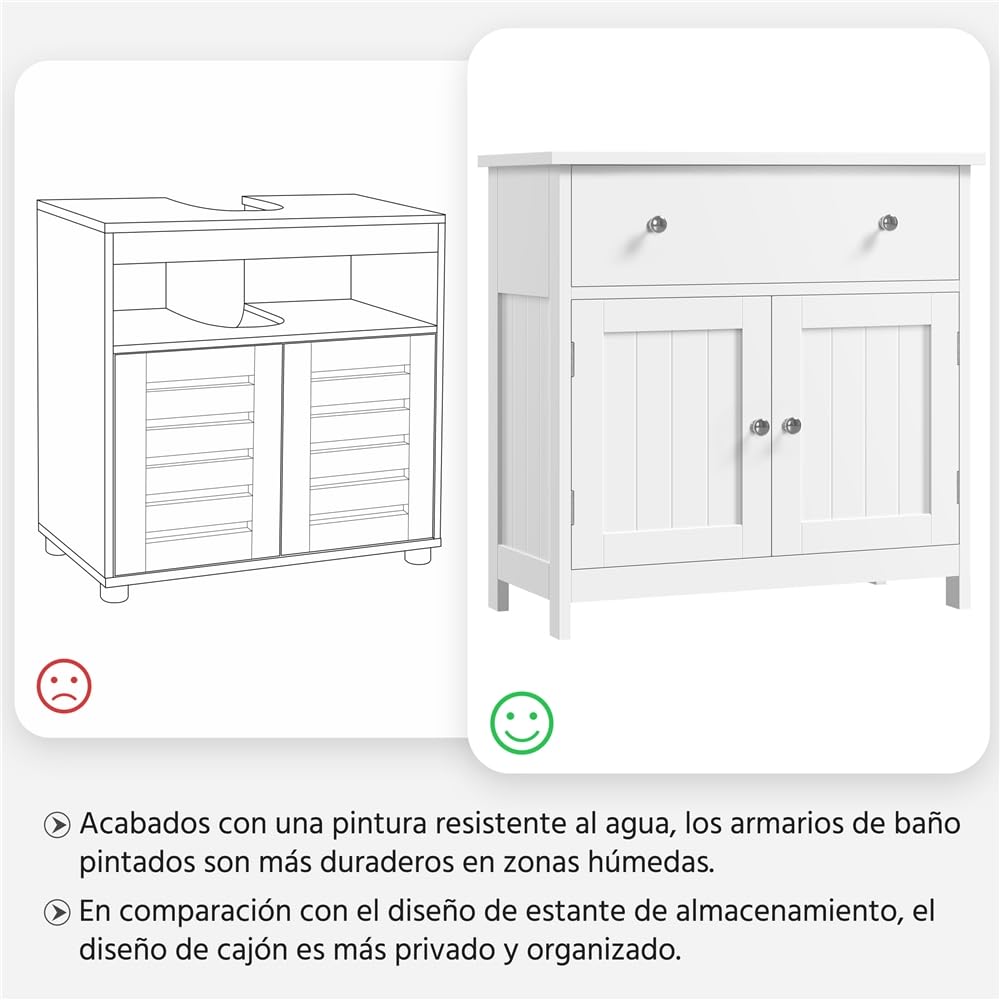 Yaheetech Mueble bajo del Lavabo de Madera Armario de Baño de Suelo | con Pies 1 Cajón y 2 Puertas Correderas 60x30x60 cm Blanco