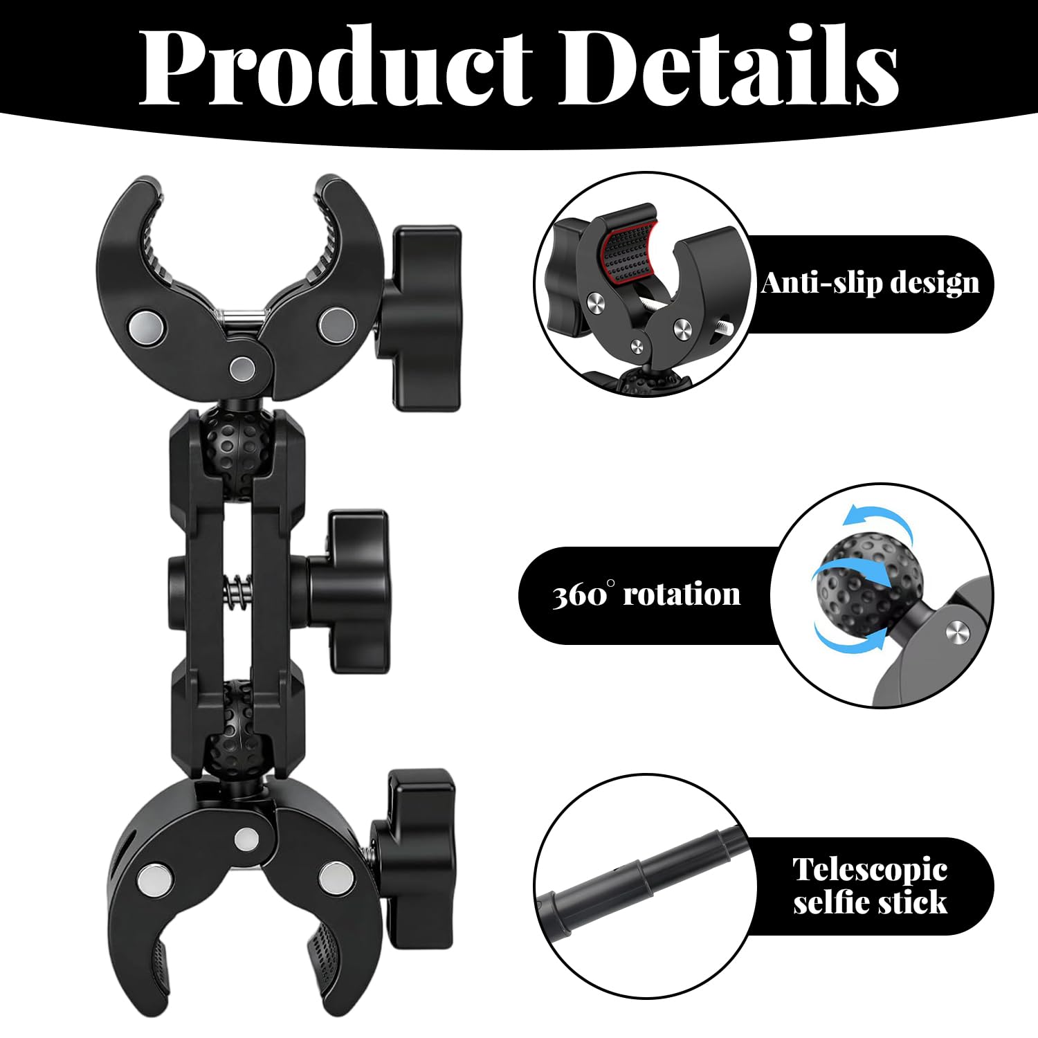 Support Moto pour Insta360 X5 X4, Support de Guidon de caméra d'action avec Perche Selfie Invisible 120cm et Double Pince Accessoire, Support Caméra d'action, Compatible avec Plusieurs Appareils