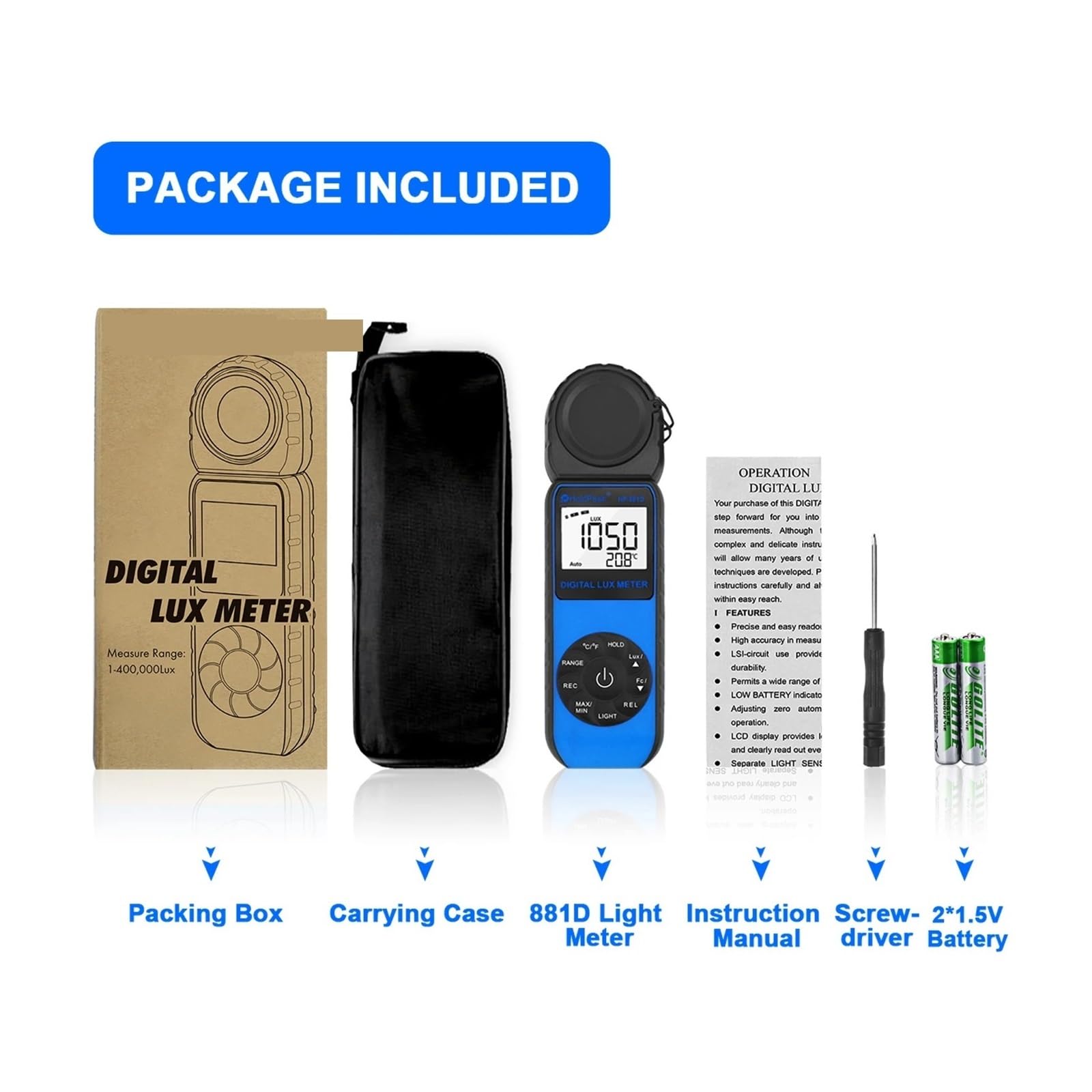 Misuratore di luce, Misuratore di luce portatile for intensità luminosa, luxmetro digitale, precisione ±4%, misurazione 1-400.000 lux, azzeramento automatico, HoldPeak 881D